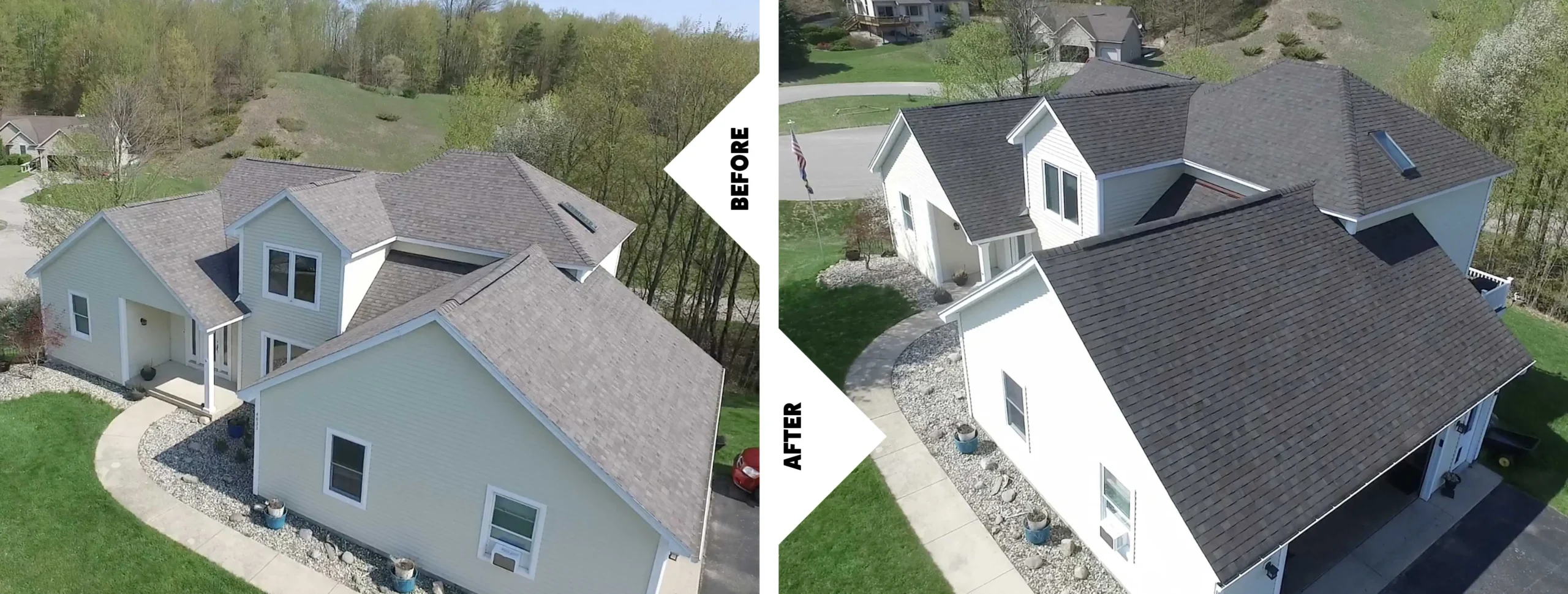 Before and after Roof Renewal treatment on an asphalt shingle roof