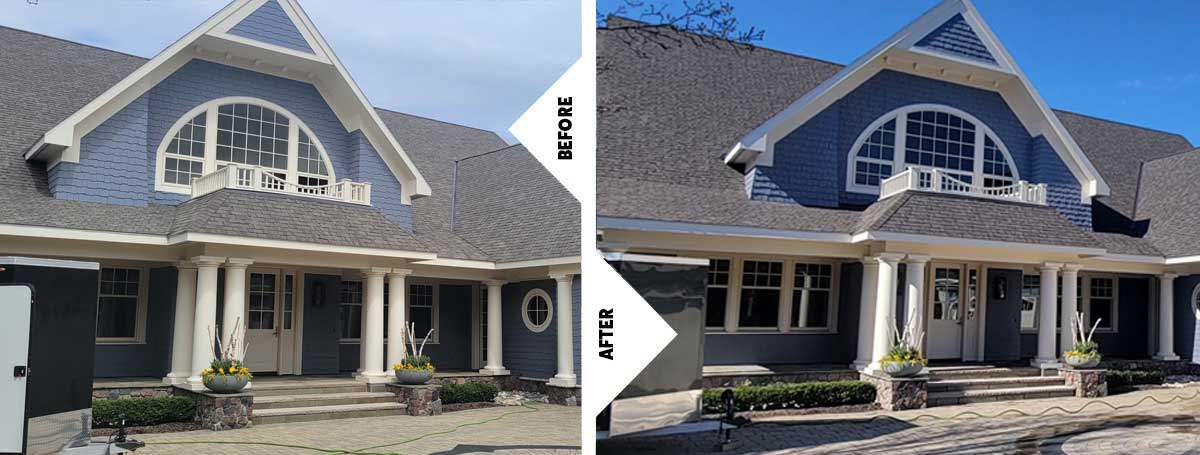 Before and after asphalt shingle roof rejuvenation result