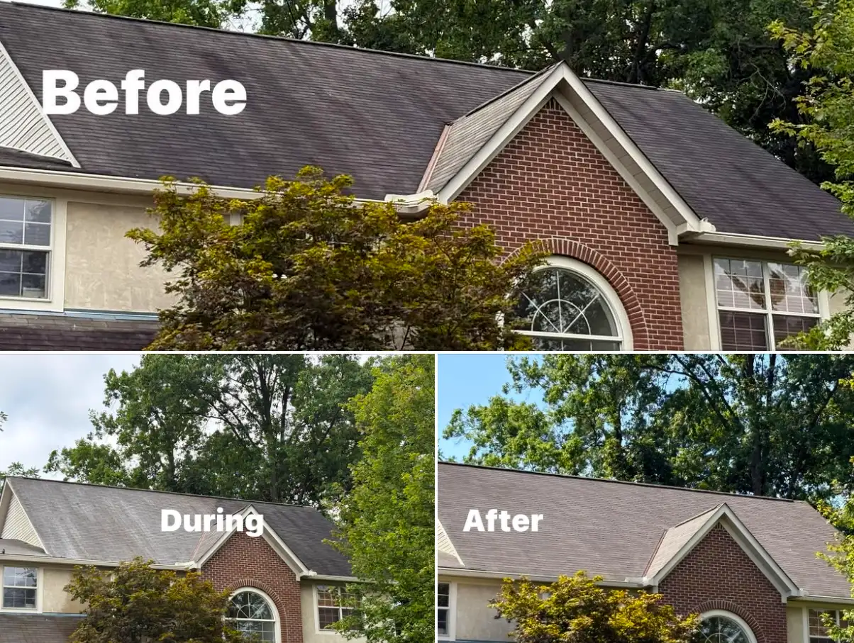 Before and after example of an asphalt roof treated by Roof Renewal